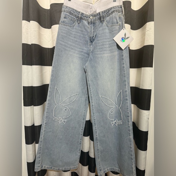 PLAYBOY Light Blue Wide Leg Jeans with Bunny Embroidery - Picture 1 of 2